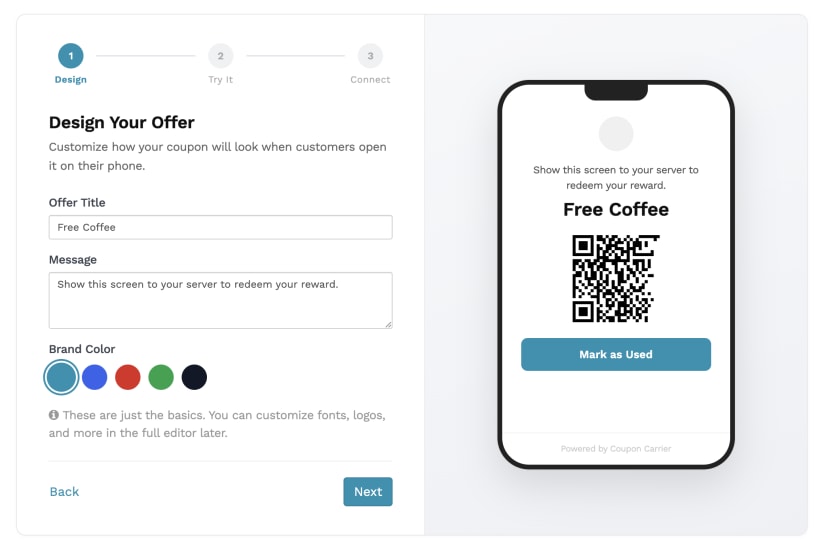 Designing a coupon offer with live QR code preview in Coupon Carrier