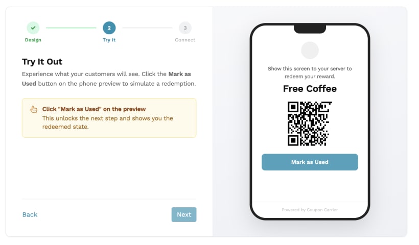 Test coupon with QR code and Mark as Used button in Coupon Carrier
