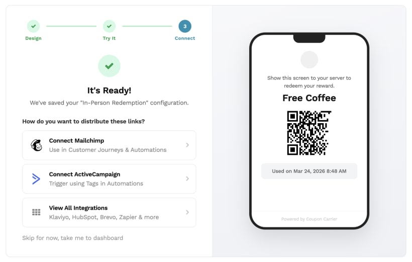Connecting an email platform like Mailchimp or ActiveCampaign in Coupon Carrier