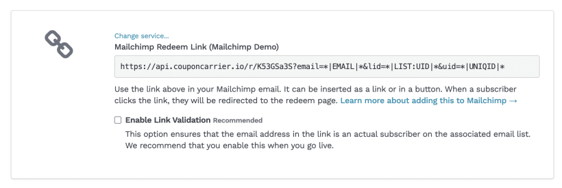 Coupon link in the Coupon Carrier dashboard, ready to add to an email campaign