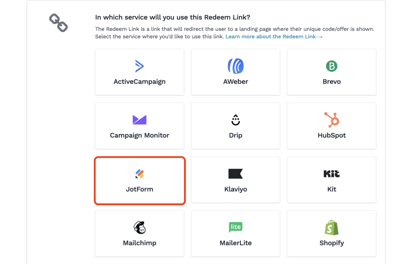 Coupon Carrier Redeem Link configuration with Jotform selected as the service