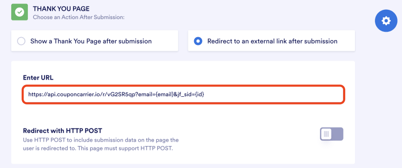 Jotform redirect settings with the Coupon Carrier Redeem Link URL pasted in the redirect URL field