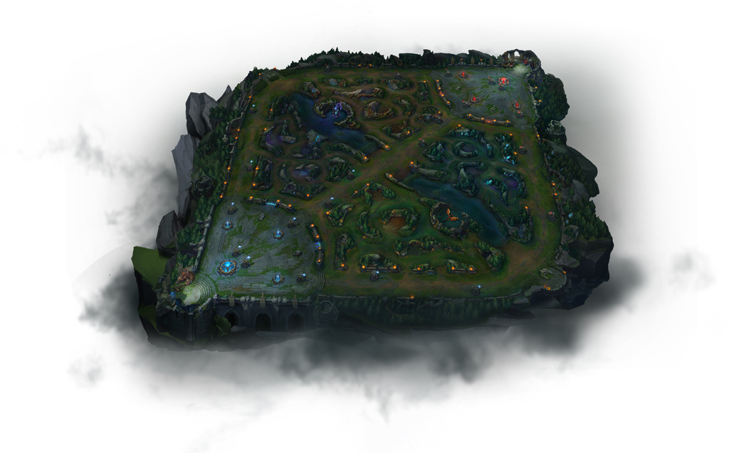 League of Legends hat eine typische MOBA-Map mit zwei Basen, Dschungel und drei Lanes.