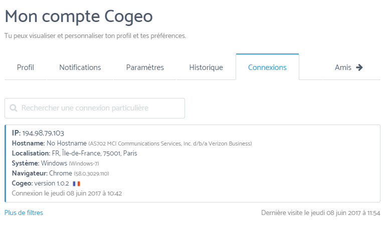 Capture d'écran de l'historique des connexions