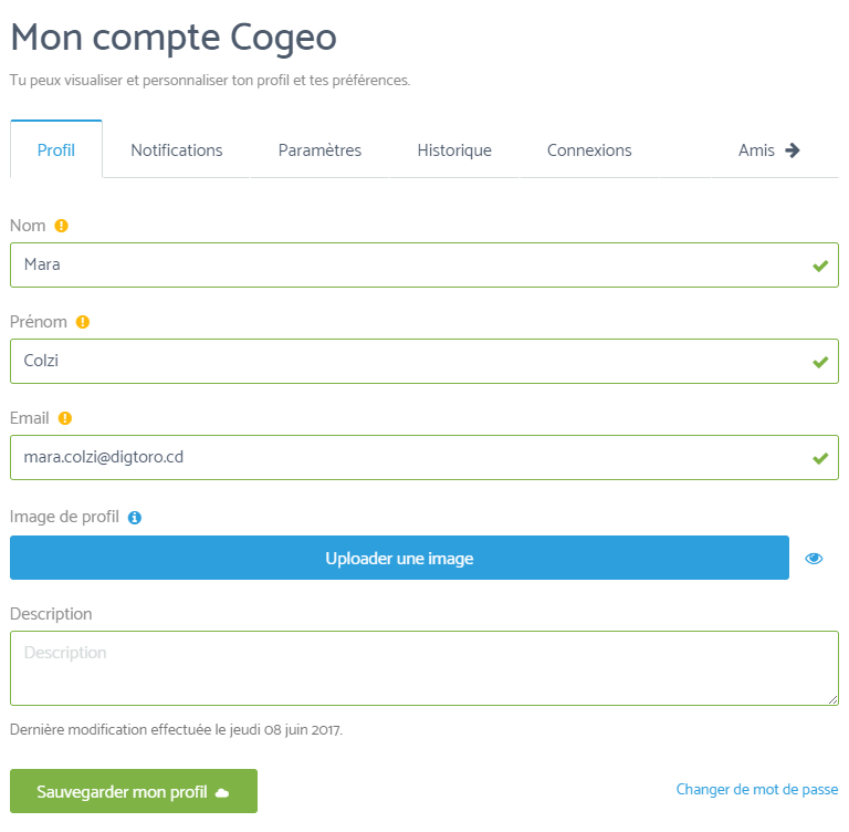 Capture d'écran de l'édition du profil