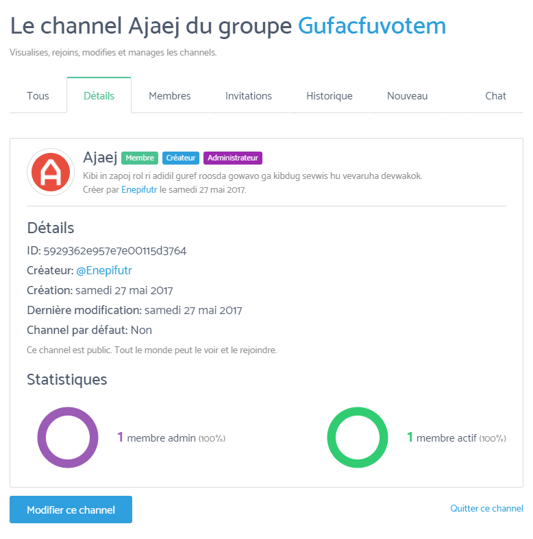 Capture d'écran des détails du channel