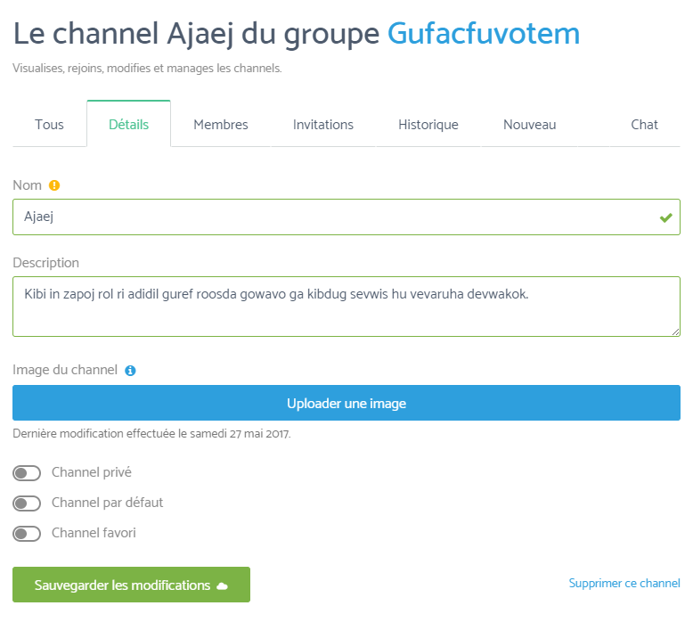 Capture d'écran de la modification du channel