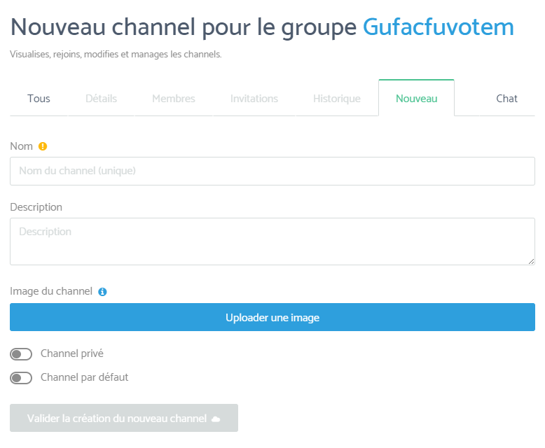 Capture d'écran de la création d'un channel
