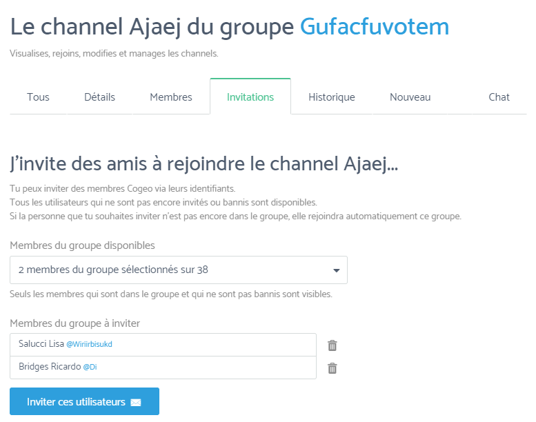 Capture d'écran du recrutement des membres d'un channel