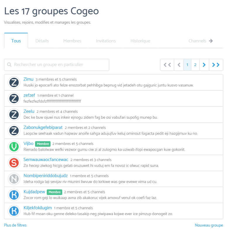 Capture d'écran des groupes