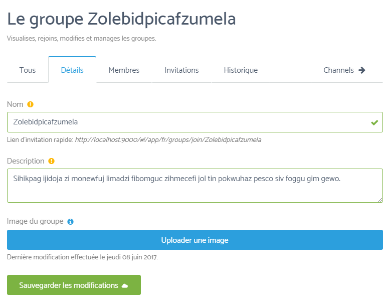 Capture d'écran de la modification du groupe