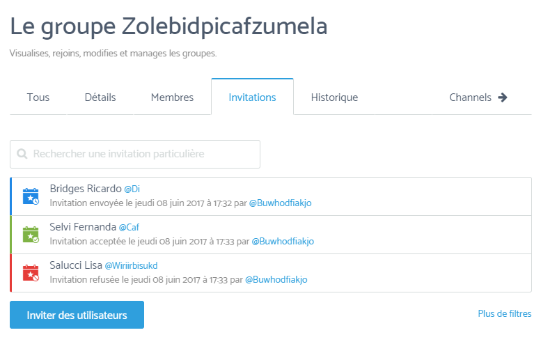 Capture d'écran des invitations du groupe
