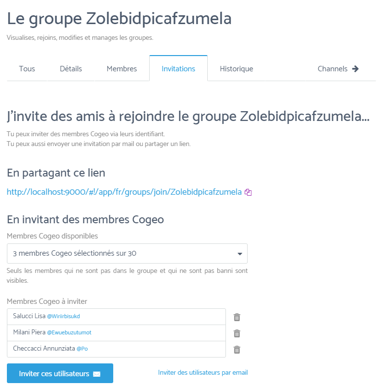 Capture d'écran du recrutement des membres d'un groupe
