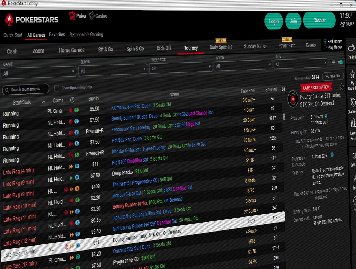 Lobby de PokerStars mostrando opciones de soporte