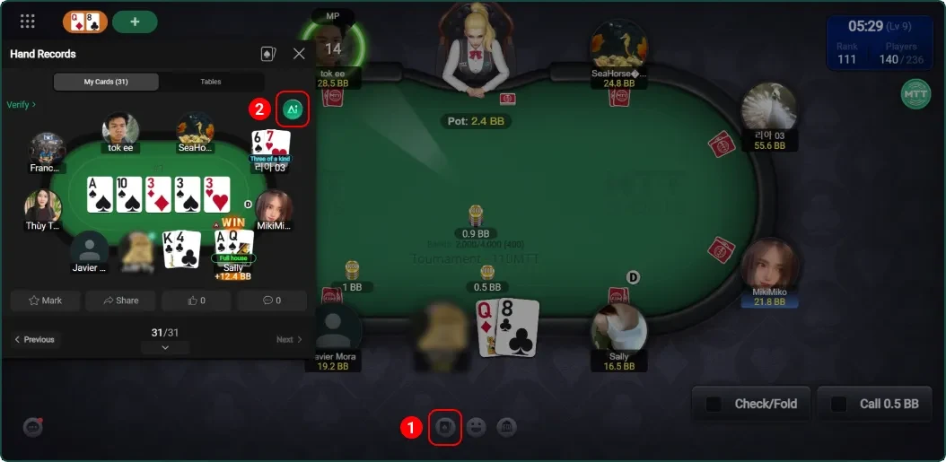 La función IA de MTT Sports que te ayuda a revisar manos para mejorar en el poker