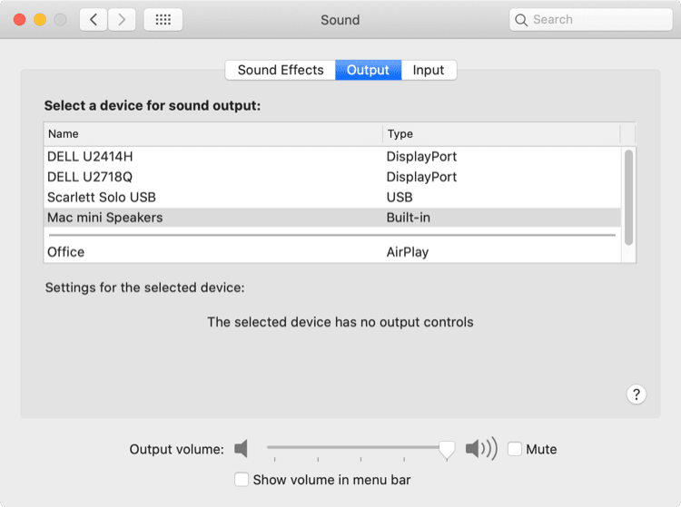 Output sound settings panel