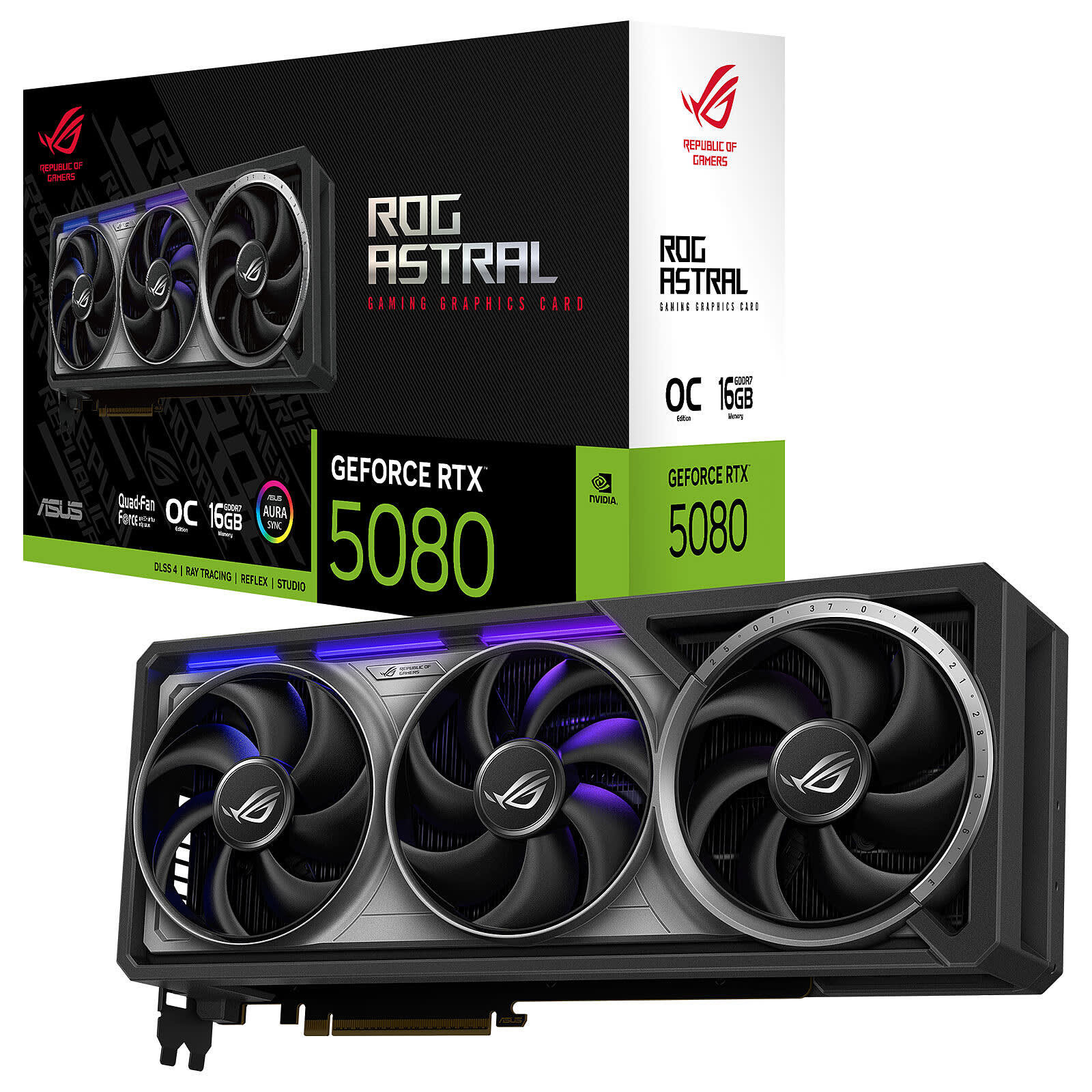 ASUS ROG Astral 16 Go GDDR7 OC Edition, emballage constructeur et carte graphique