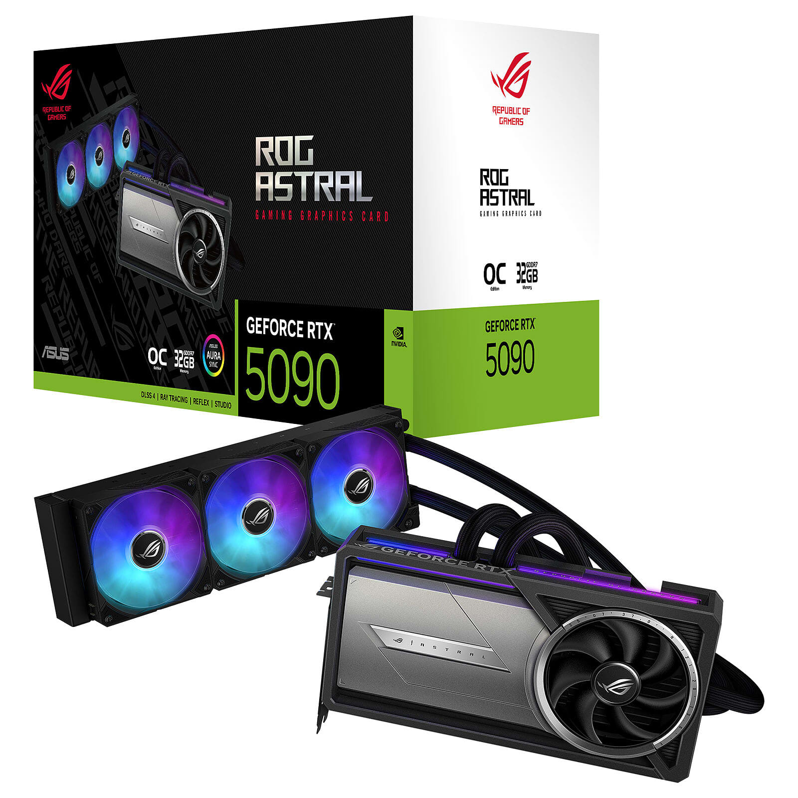 ASUS ROG Astral LC 32 Go GDDR7 OC Edition, emballage constructeur et carte graphique