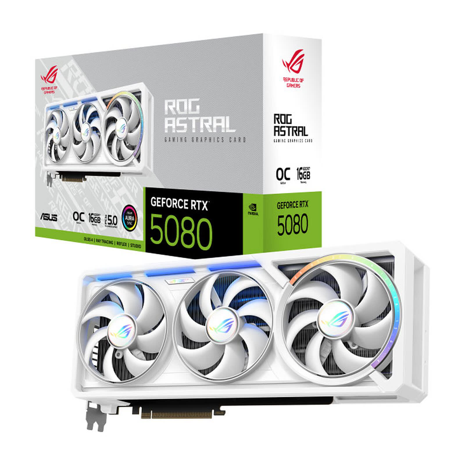 ASUS ROG Astral White 16 Go GDDR7 OC Edition, emballage constructeur et carte graphique