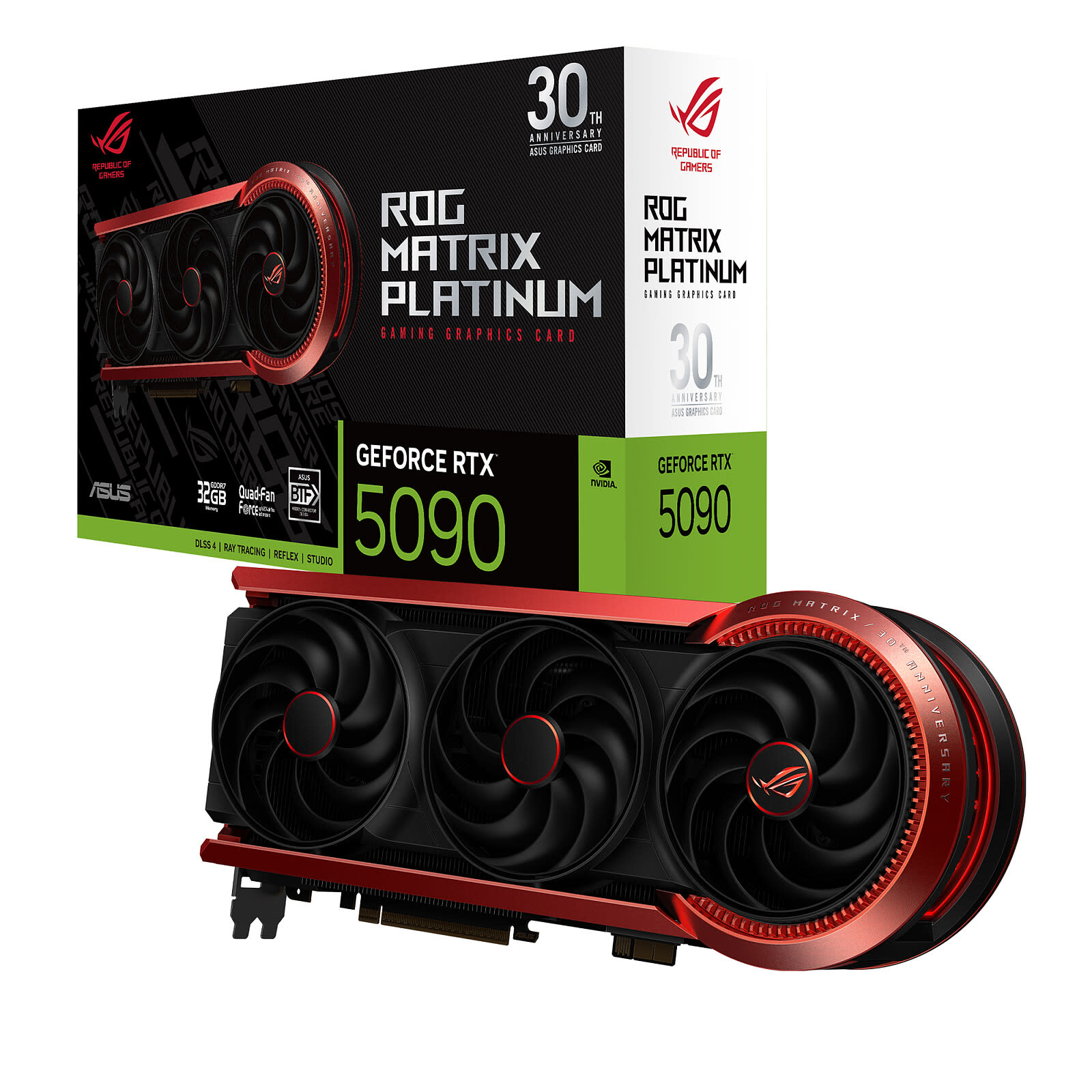 ASUS ROG Matrix Platinum 32 Go GDDR7 · 30th Anniversary, emballage constructeur et carte graphique
