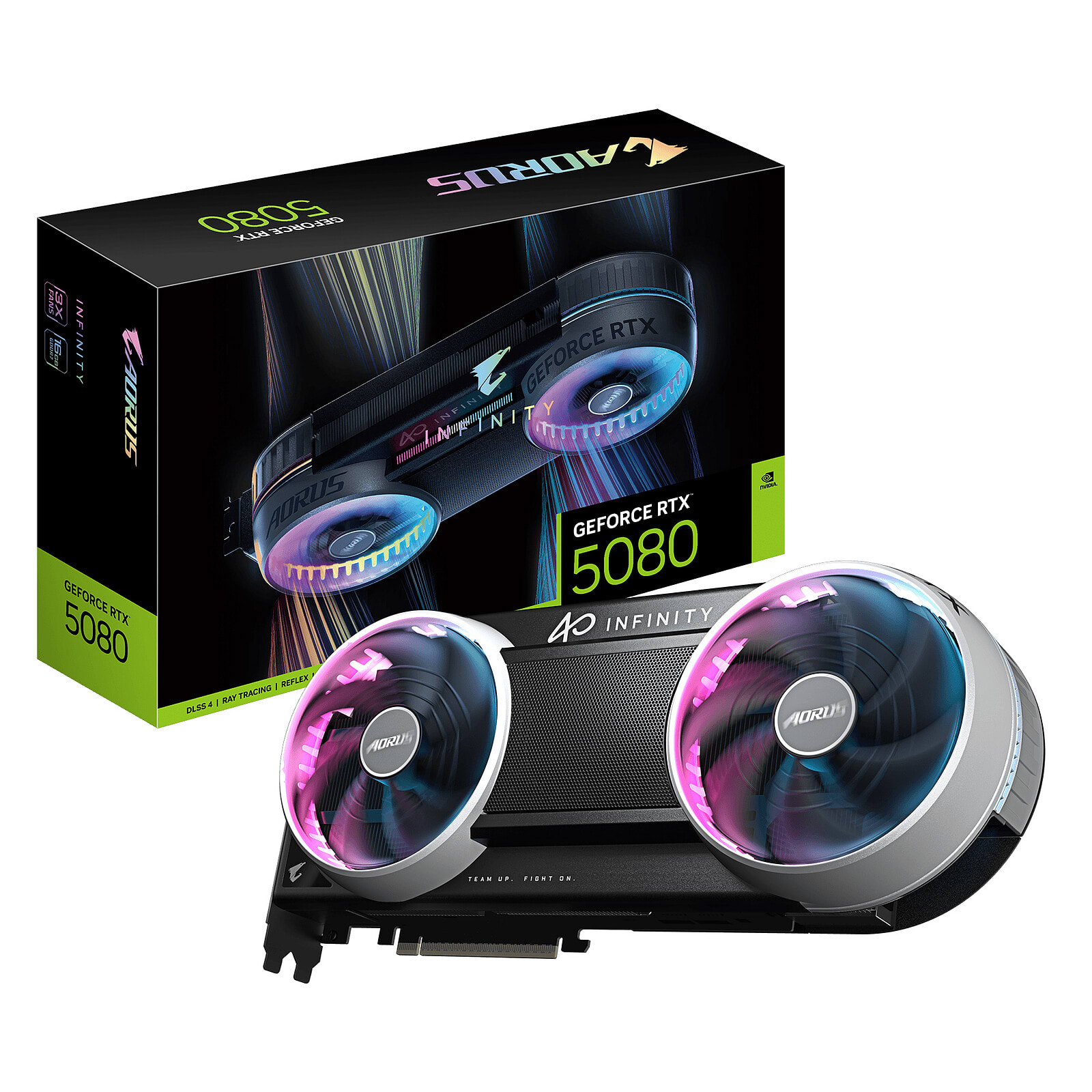 Gigabyte AORUS INFINITY 16 Go GDDR7, emballage constructeur et carte graphique