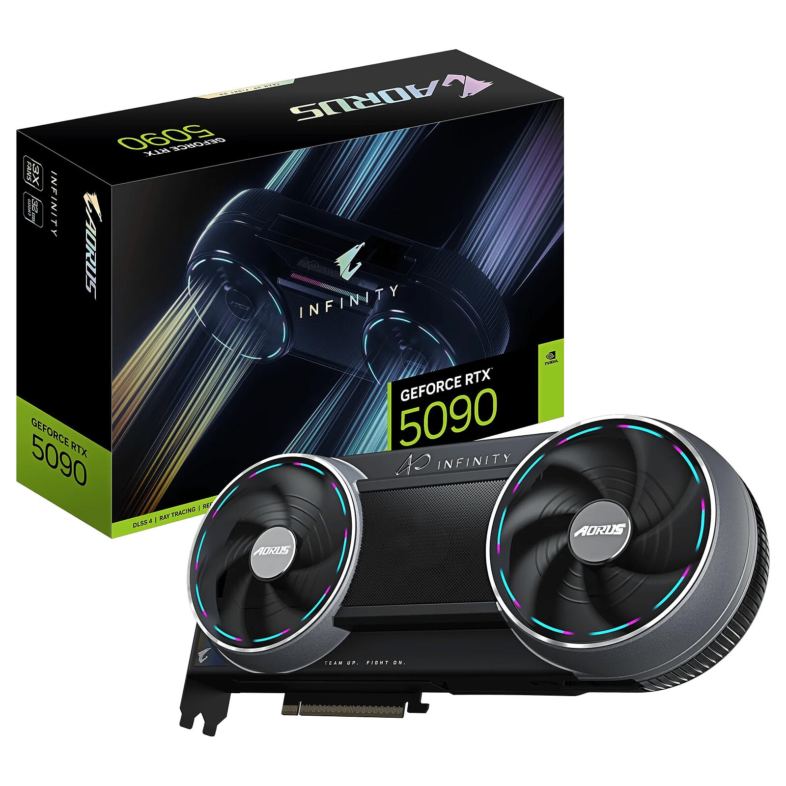 Gigabyte AORUS INFINITY 32 Go GDDR7, emballage constructeur et carte graphique