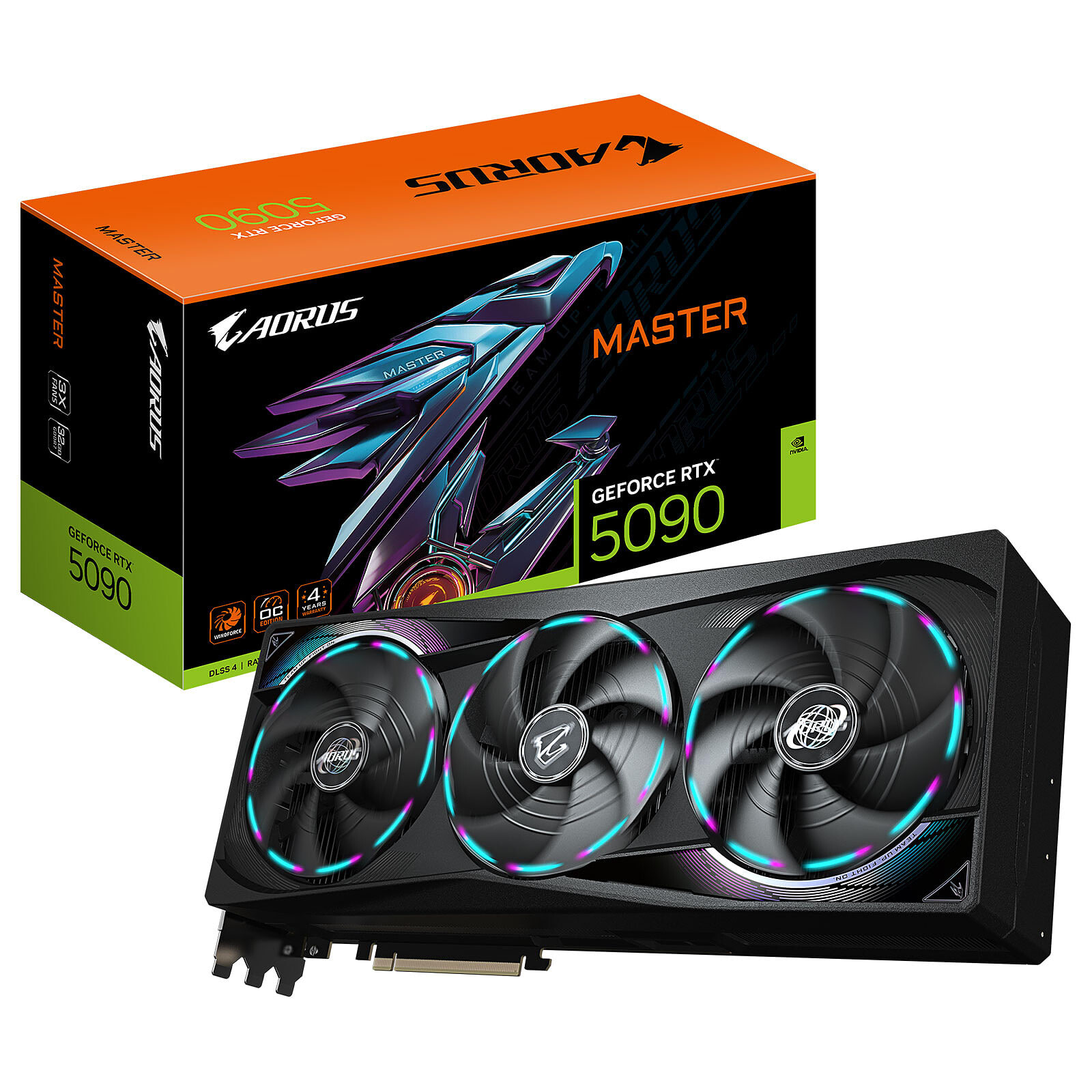 Gigabyte AORUS MASTER 32 Go GDDR7, emballage constructeur et carte graphique
