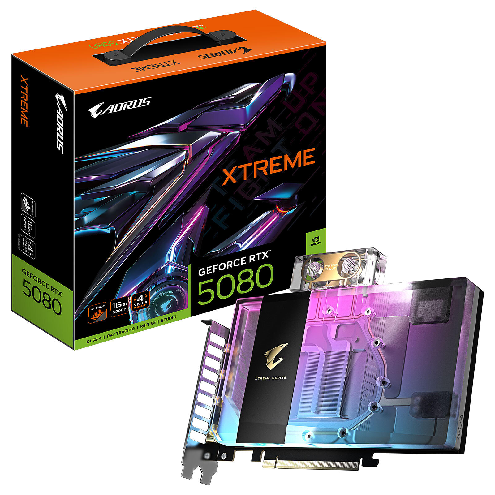 Gigabyte AORUS XTREME WATERFORCE WB 16 Go GDDR7, emballage constructeur et carte graphique