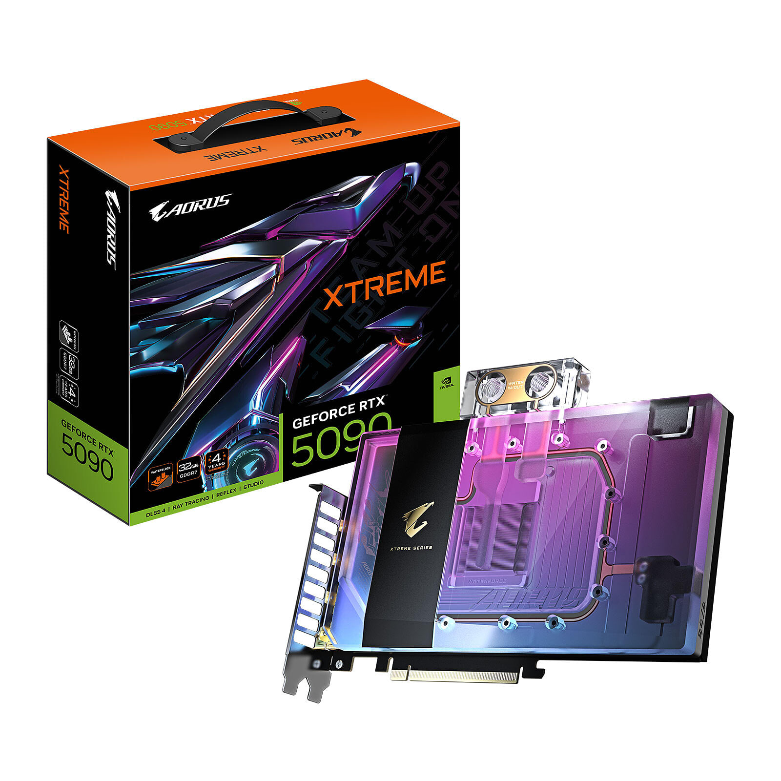 Gigabyte AORUS XTREME WATERFORCE WB 32 Go GDDR7, emballage constructeur et carte graphique