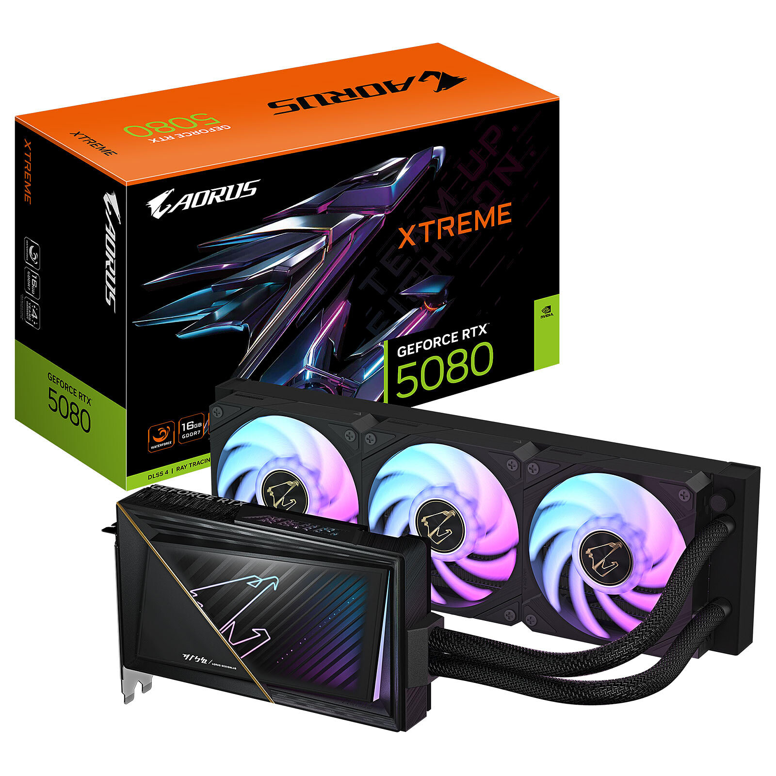 Gigabyte AORUS XTREME WATERFORCE 16 Go GDDR7, emballage constructeur et carte graphique