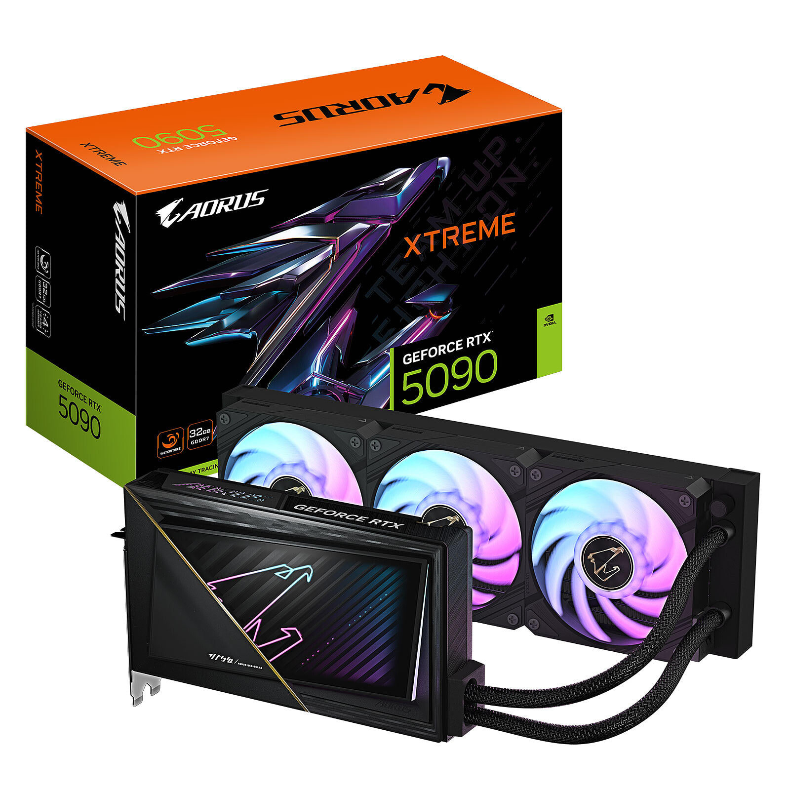 Gigabyte AORUS XTREME WATERFORCE 32 Go GDDR7, emballage constructeur et carte graphique