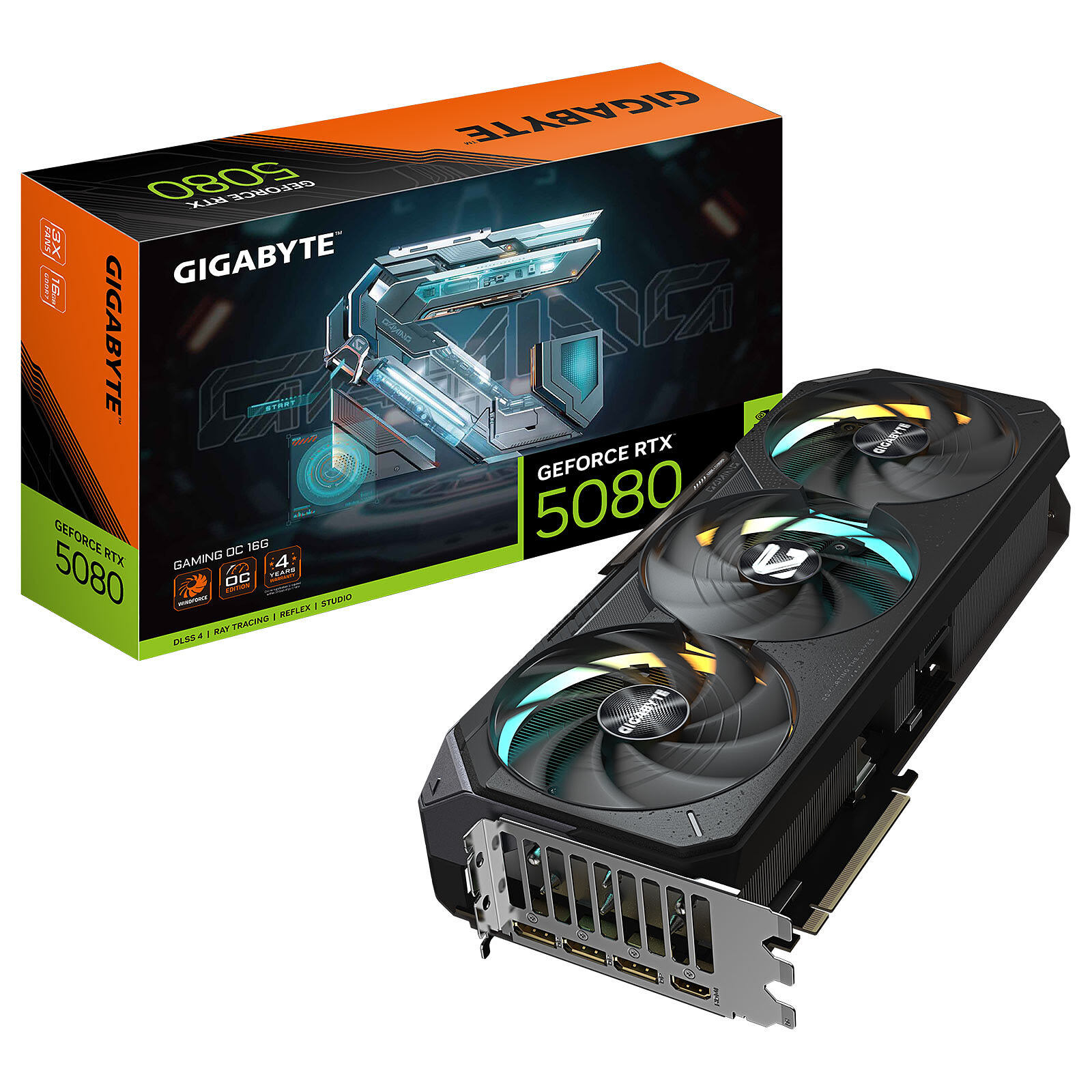 Gigabyte GAMING OC 16 Go GDDR7, emballage constructeur et carte graphique