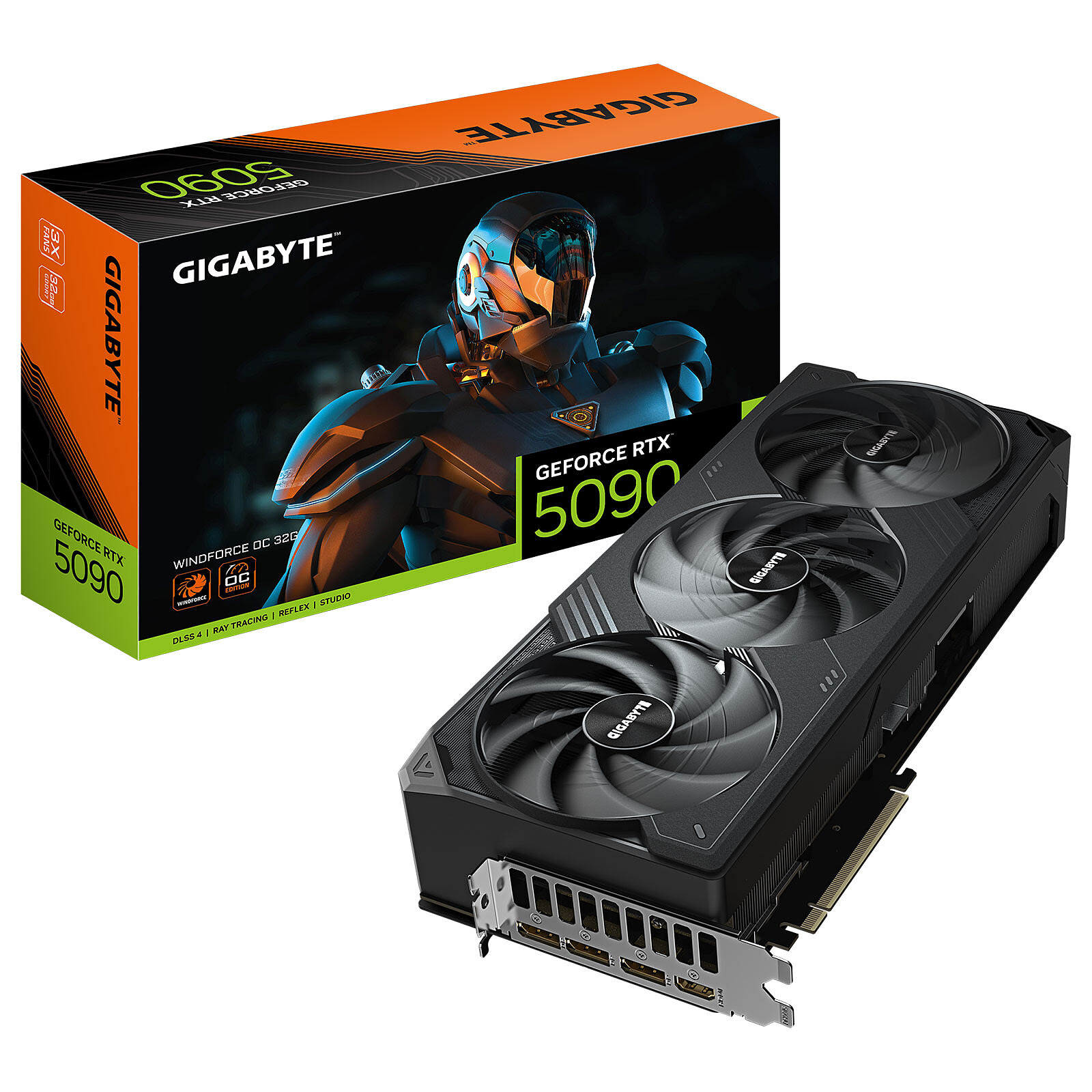 Gigabyte WINDFORCE OC 32 Go GDDR7, emballage constructeur et carte graphique