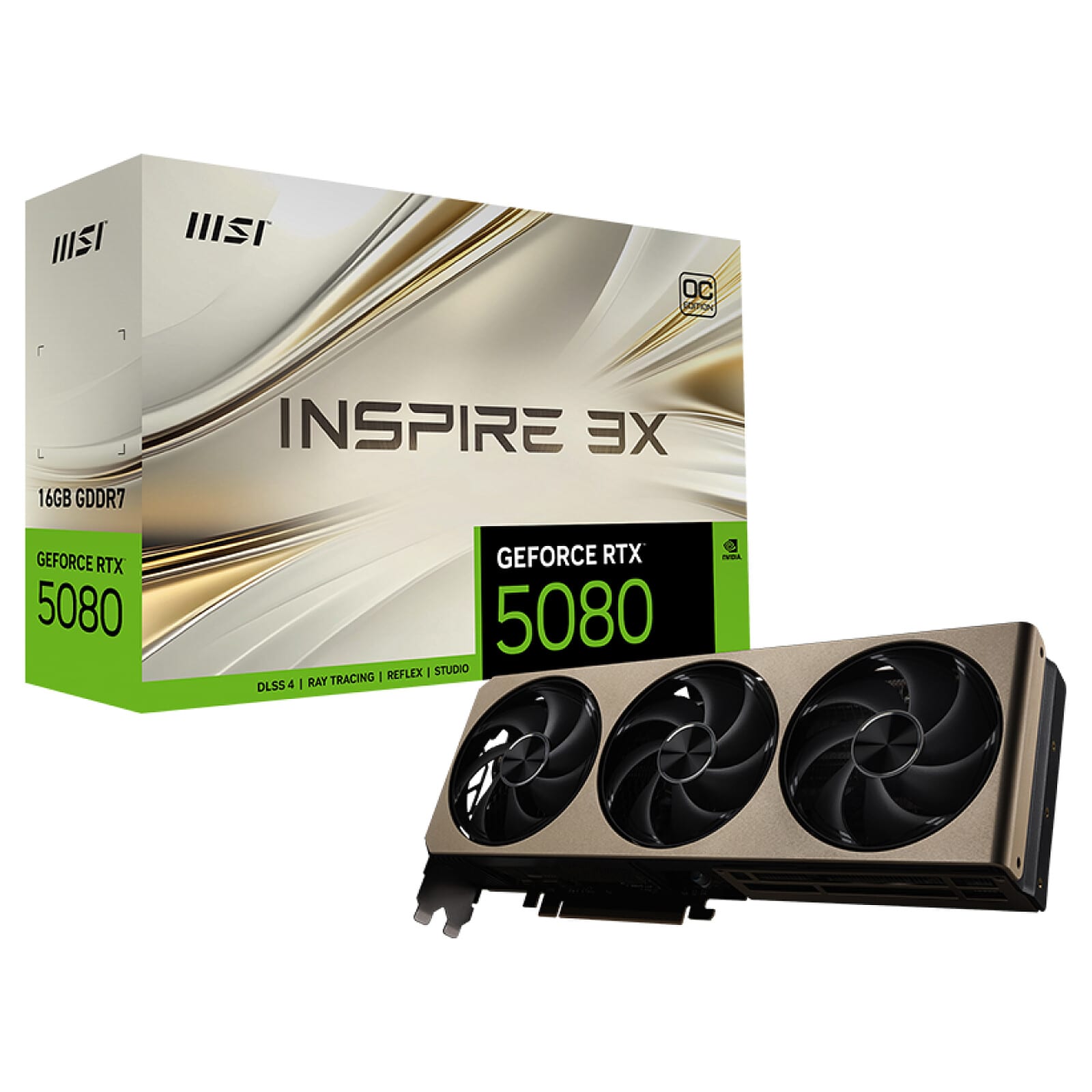 MSI INSPIRE 3X OC 16 Go GDDR7, emballage constructeur et carte graphique