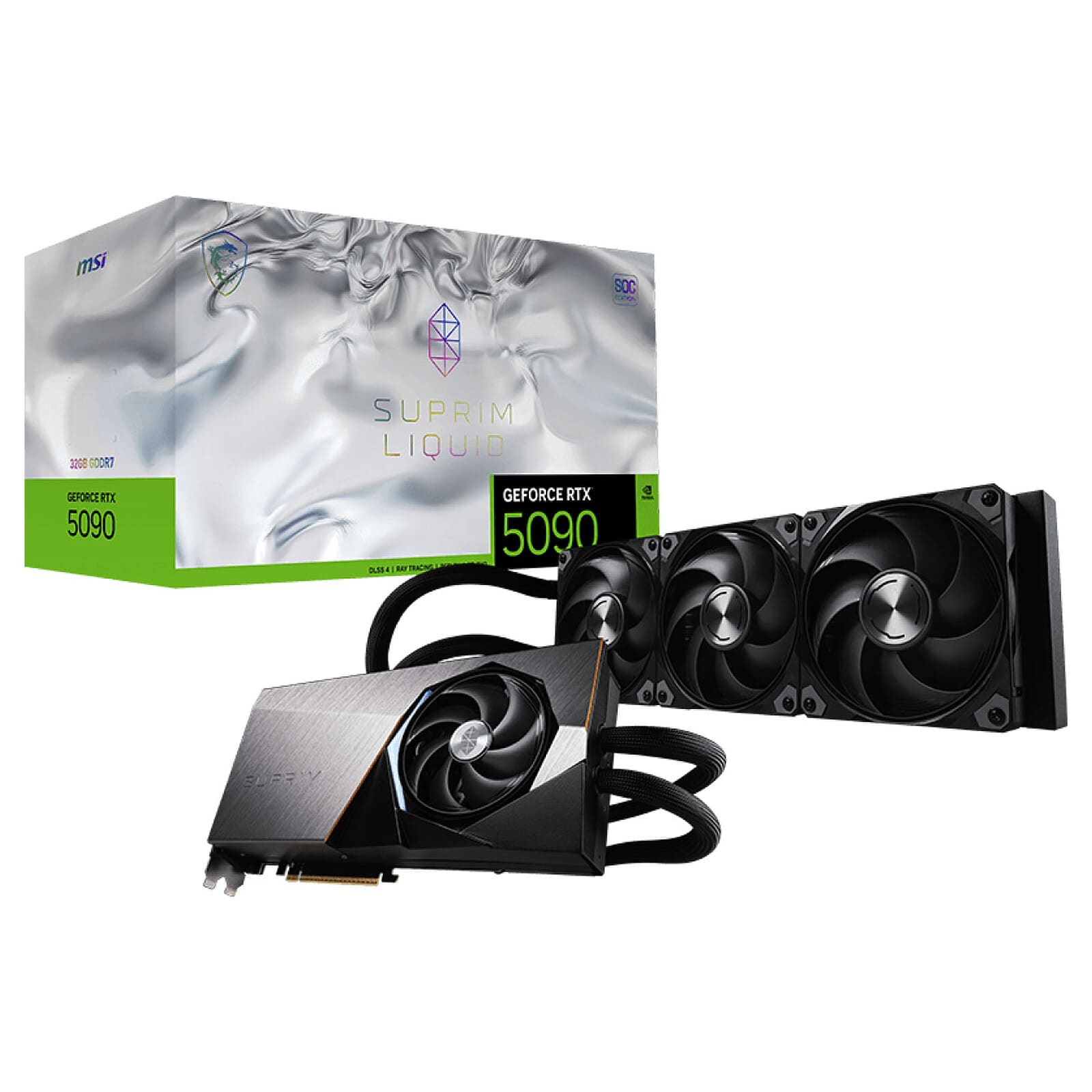 MSI SUPRIM LIQUID SOC 32 Go GDDR7, emballage constructeur et carte graphique
