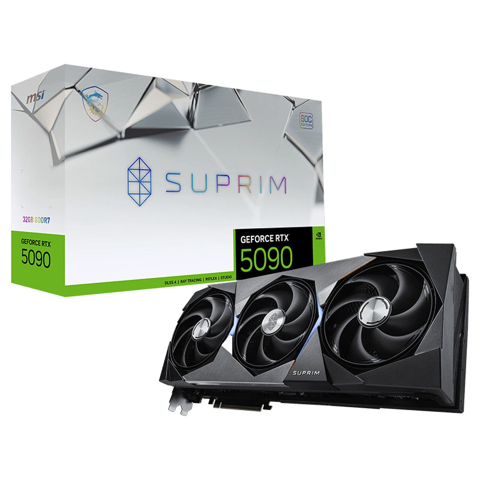 MSI SUPRIM SOC 32 Go GDDR7, emballage constructeur et carte graphique