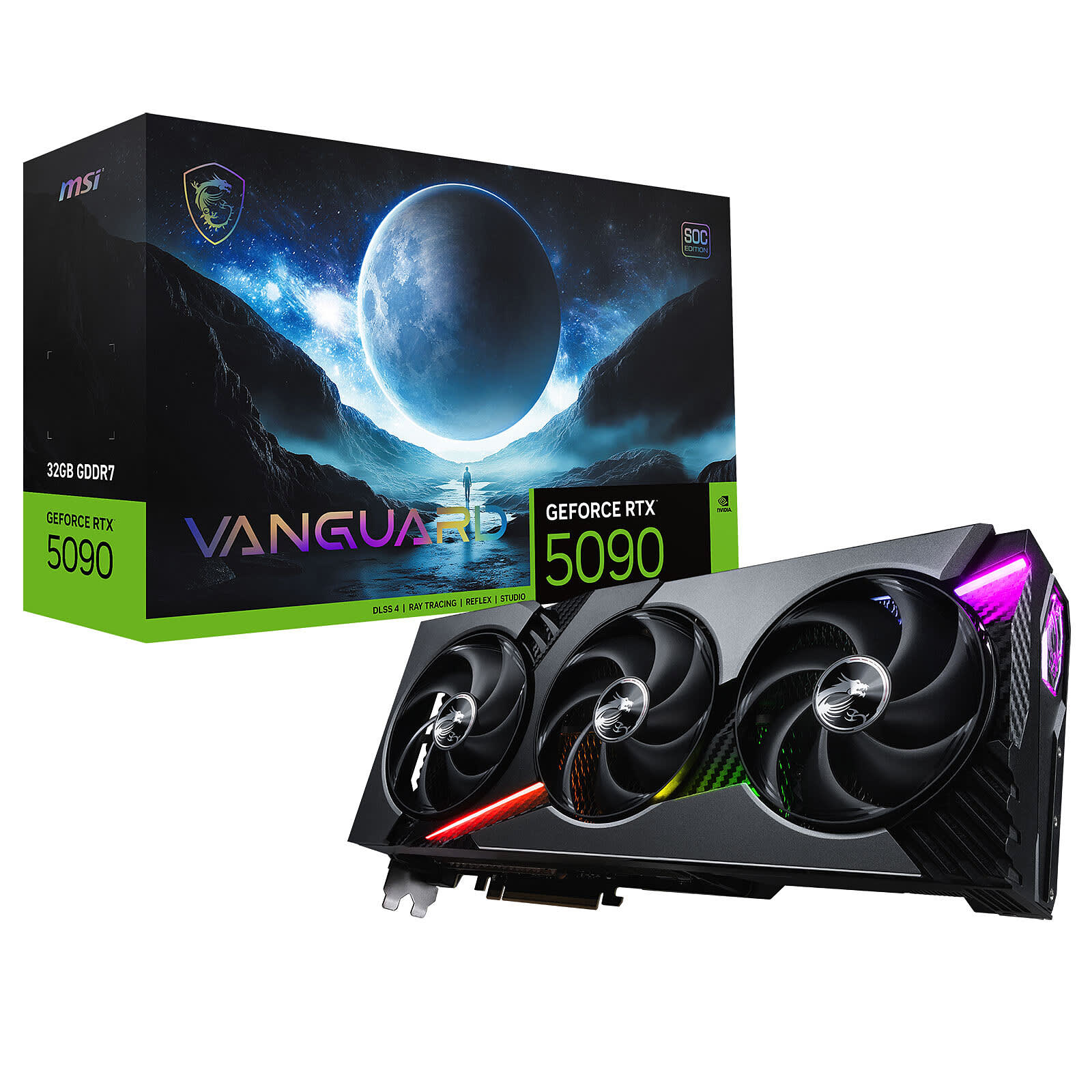 MSI VANGUARD SOC 16 Go GDDR7, emballage constructeur et carte graphique