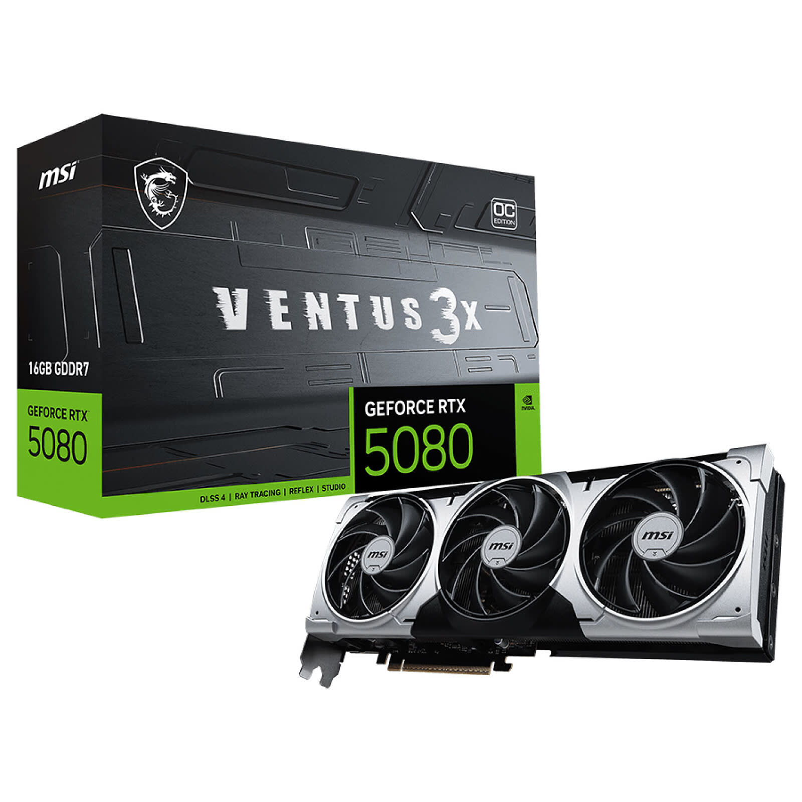 MSI VENTUS 3X OC 16 Go GDDR7, emballage constructeur et carte graphique