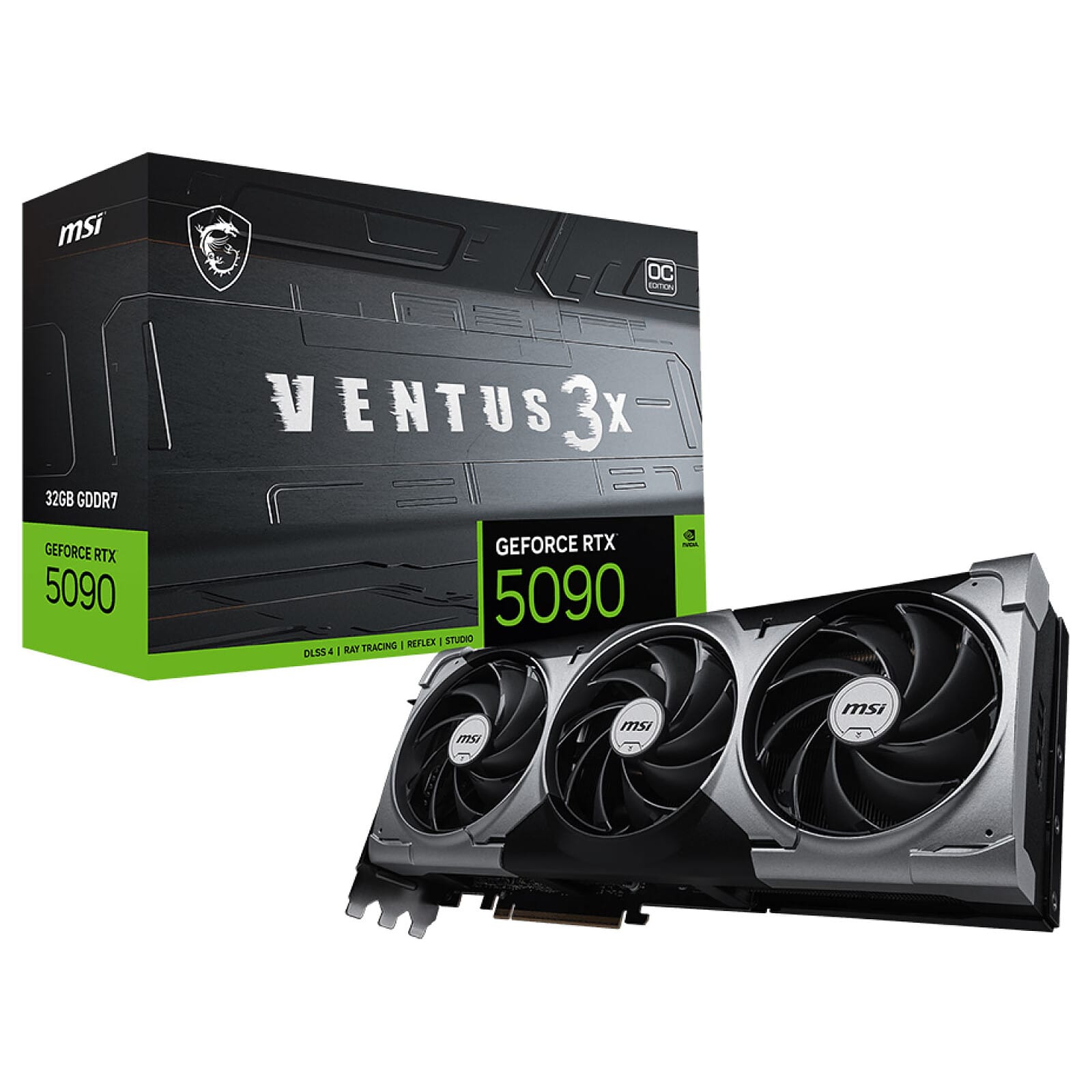 MSI VENTUS 3X OC 32 Go GDDR7, emballage constructeur et carte graphique