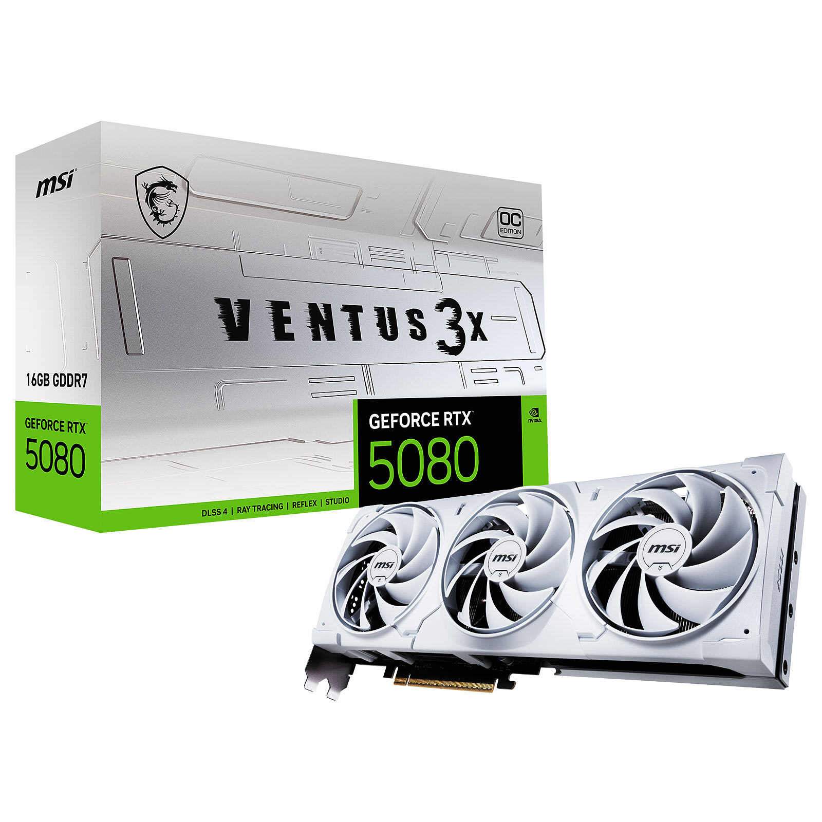 MSI VENTUS 3X OC White 16 Go GDDR7, emballage constructeur et carte graphique