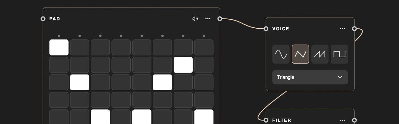 Strudel Flow: a musical pad connected to voice and filter nodes