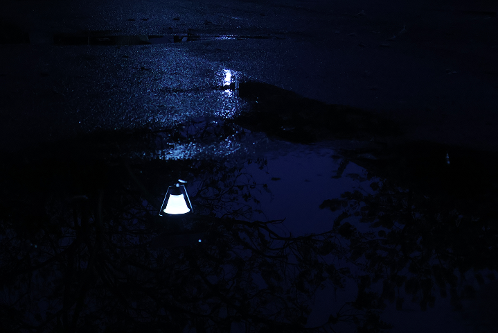 A streetlamp reflected in a puddle