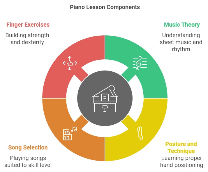 Diagram outlining key components of a successful piano lesson, including technique development, music theory, sight-reading, and performance skills.