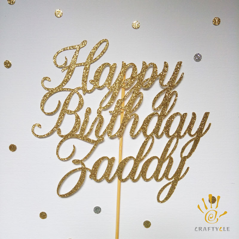 personalised birthday cake topper in gold glitter card