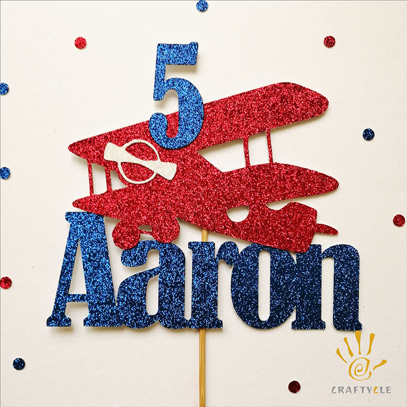 Cake Topper Airplane Red Blue Glitters Birthday Personalised