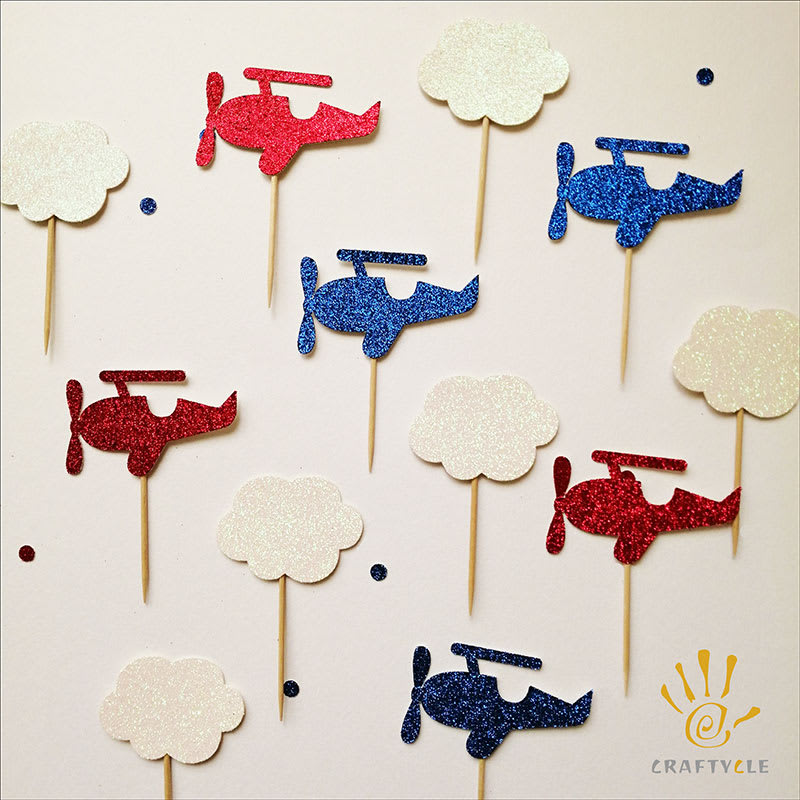 Cupcake Toppers Airplane Theme Red Blue Glitters Birthday Personalised