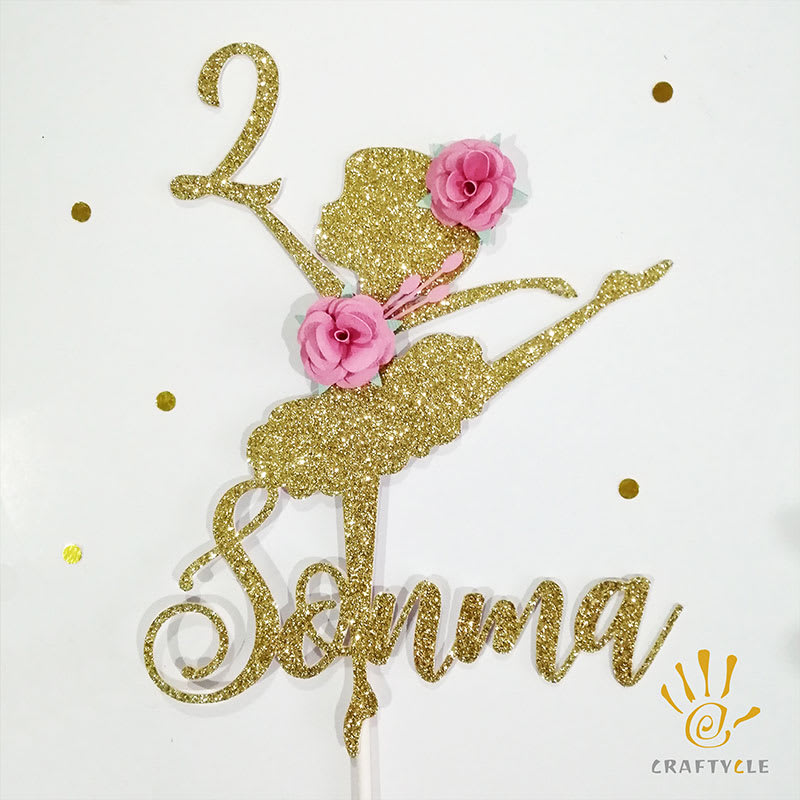 Cake Topper Birthday Ballerina Gold Glitters Personalized Paper Flower