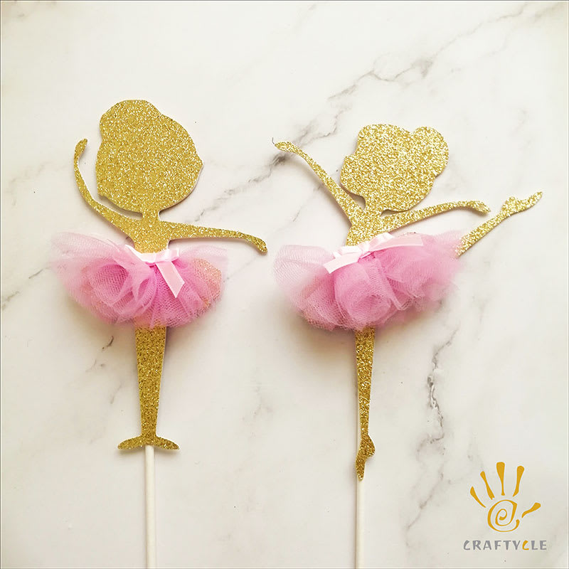 Cake Topper Ballerina Twin Pastel Pink Gold Glitters Birthday