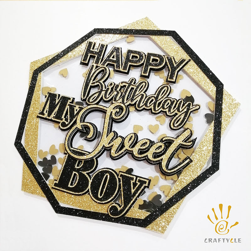 Cake Topper Happy Birthday My Sweet Boy Shaker Layered Black Gold Glitter