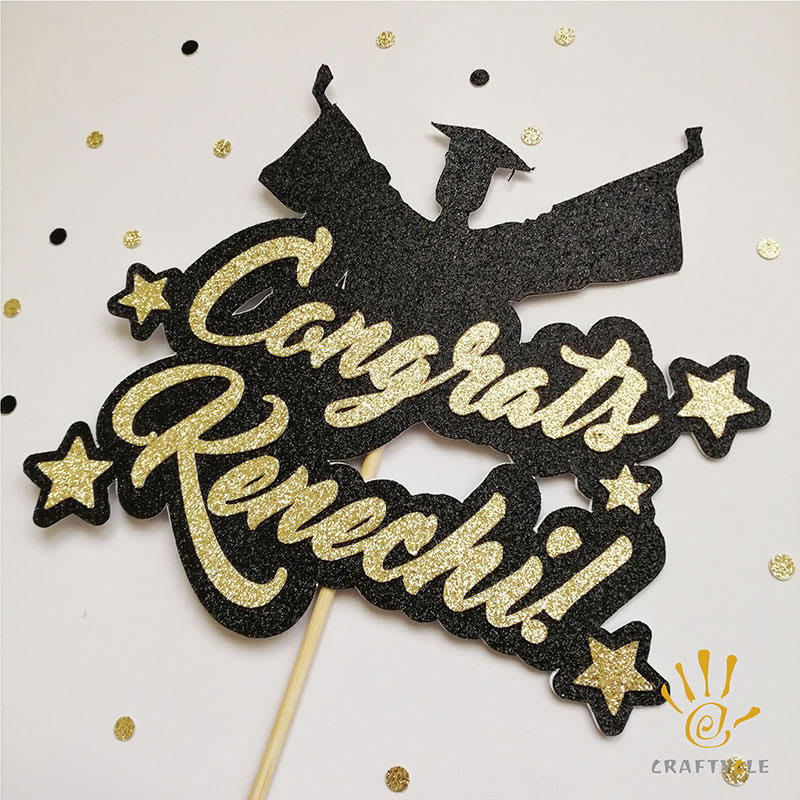 Cake Topper Personalised Congrats Graduation Black Gold Glitters Cake Topper Decorations